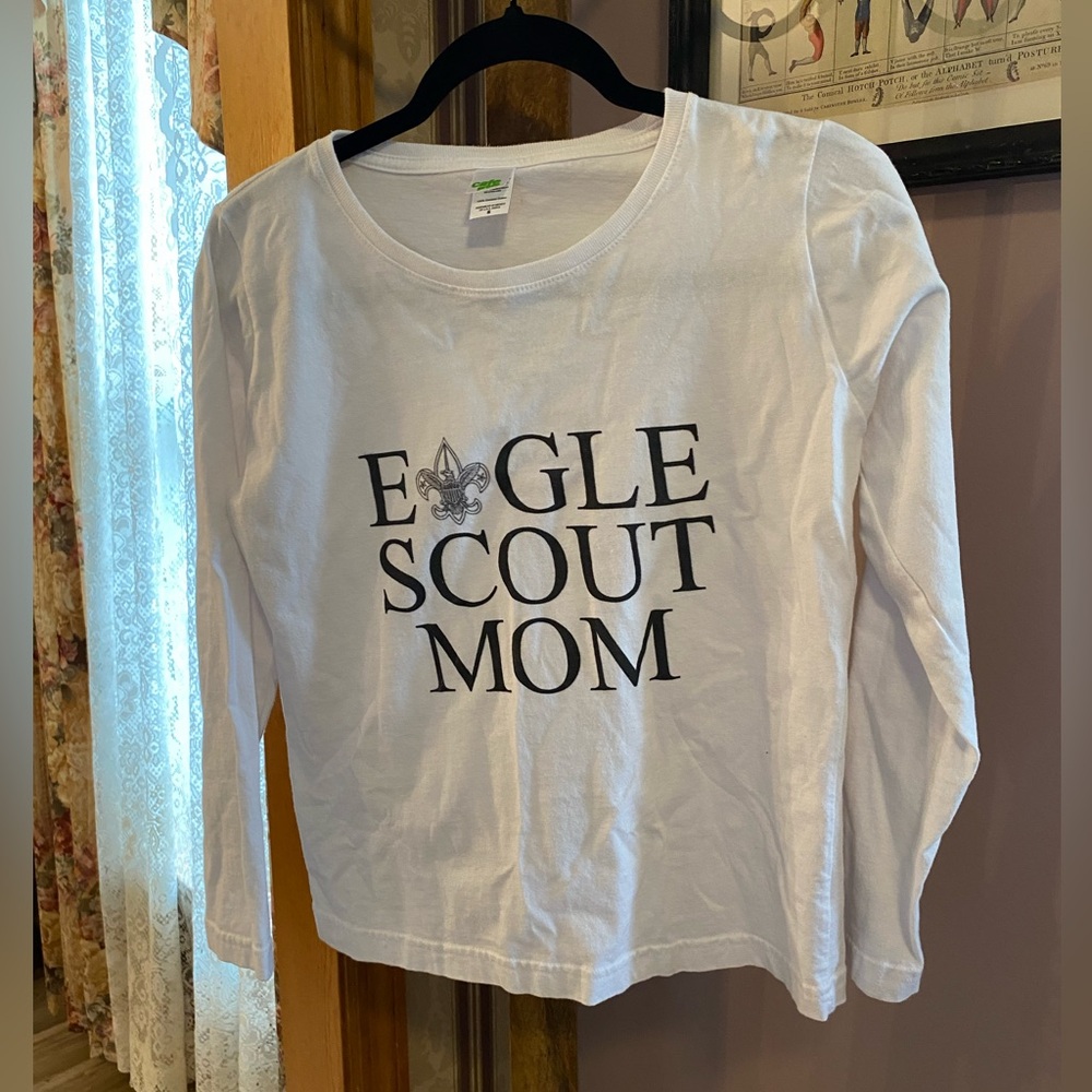 White Long Sleeve Tee with Eagle Scout Mom Design,worn1X